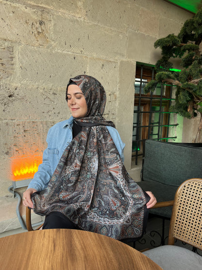 Mavi ipek etnik desen şal